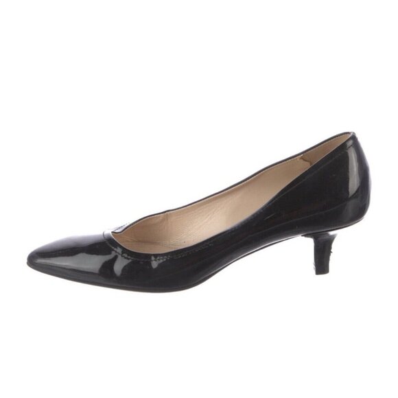 Prada authentic Black Patent Leather Pointed Toe Low Stiletto Heels 7 Italy - Picture 1 of 9